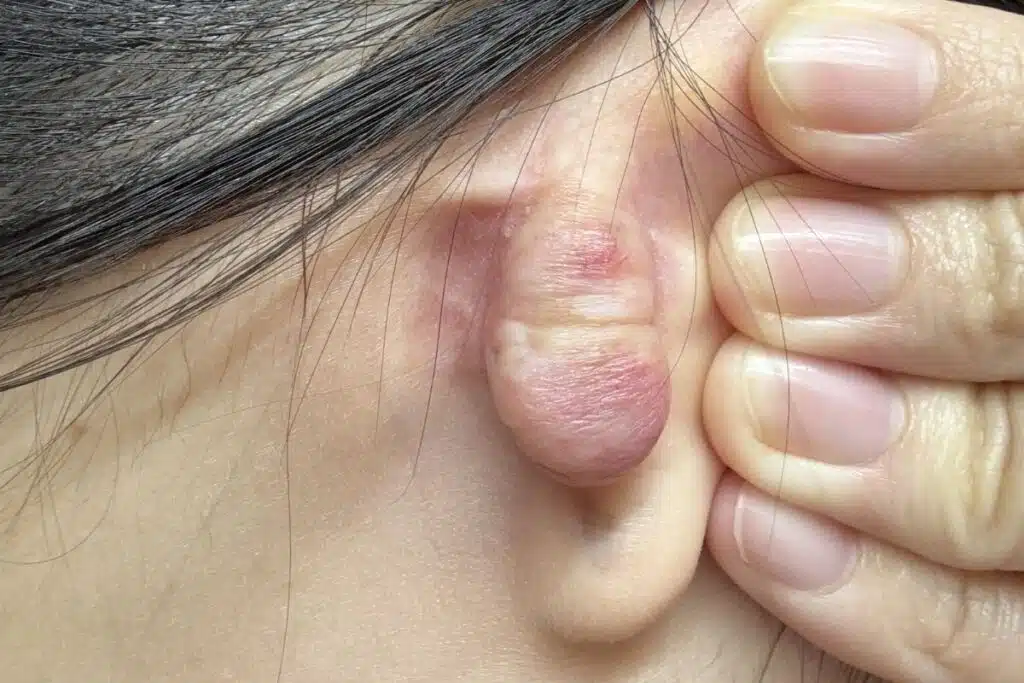 Enlarged, firm, and discolored keloid on earlobe showing signs of overgrown scar tissue after piercing.