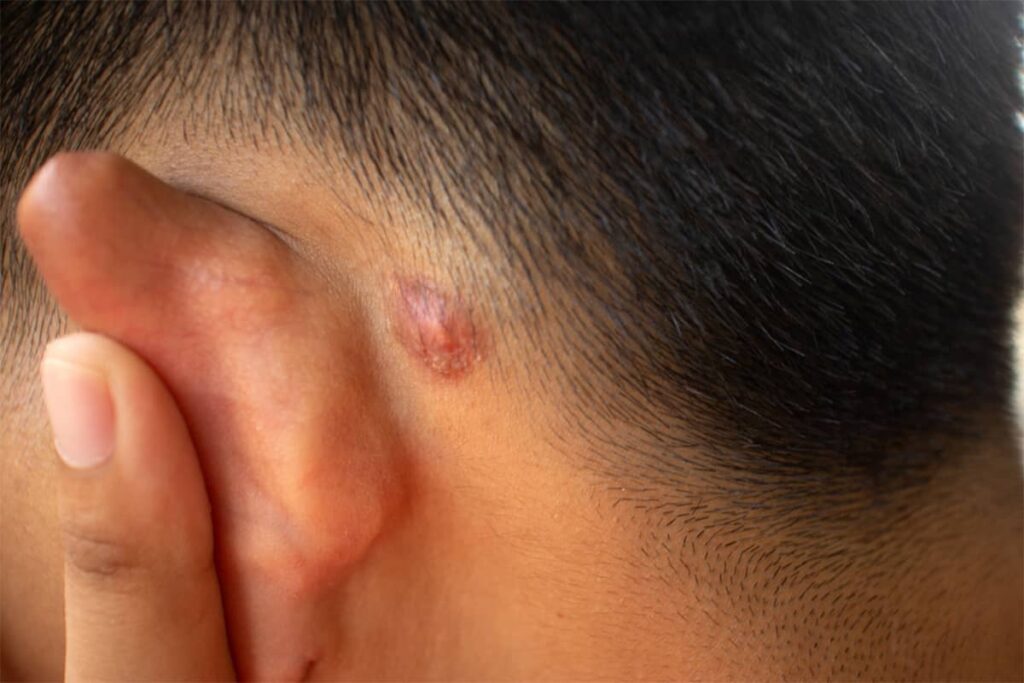 A close-up of a child's ear and scalp area showing a small, raised, reddish keloid scar forming behind the ear.